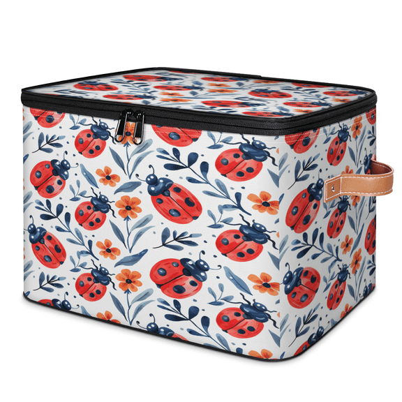 CURLYOOT Ladybugs Fabric Storage Bins with Lids, Spring Floral Foldable Storage Boxes Washable Storage Cube, Closet Bedroom Home Organizer Containers with PU Leather Handles