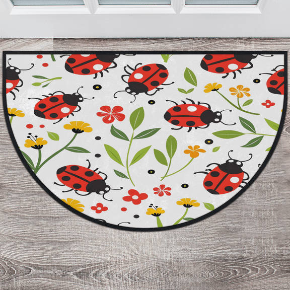 CURLYOOT Ladybugs Half Round Door Mat 40'' x 63'', Indoor Outdoor Entrance Rug, Semi Circular Area Rug, Non Slip Washable Absorbent Doormat, Wildflowers Flowers Laundry Room Rug