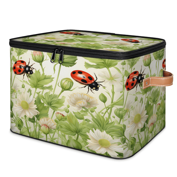 CURLYOOT Ladybugs Spring Theme Flowers Storage Bin with Zipper Lid, Fabric Decorative Lidded Storage Baskets Boxes, Foldable Organizer Container Basket for Bedroom Closet Shelf