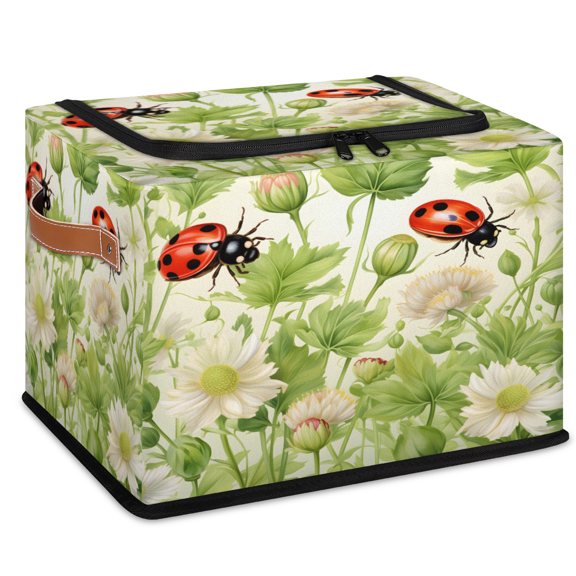 CURLYOOT Ladybugs Spring Theme Flowers Storage Bin with Zipper Lid, Foldable Clothes Organizer Lidded Storage Baskets, Rectangular Box Closet Shelf Organizer for Living Room Bedroom Home