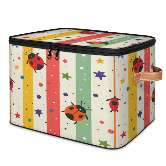 CURLYOOT Ladybugs Storage Bins with Zipper Lid Fabric Storage Baskets Boxes Cartoon Stripes Washable Foldable Clothes Organizer Container with Leather Handles for Shelves Closet