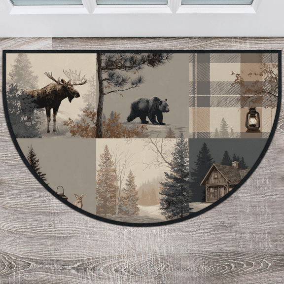 CURLYOOT Landscape Forest Rustic Half Round Door Mat 40'' x 63'', Indoor Outdoor Entrance Rug, Semi Circular Area Rug, Non Slip Washable Absorbent Doormat, Bear Deer Animal Laundry Room Rug