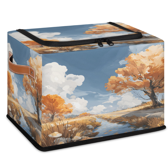 CURLYOOT Landscape Lake Fall Tree Storage Bin with Zipper Lid, Foldable Clothes Organizer Lidded Storage Baskets, Rectangular Box Closet Shelf Organizer for Living Room Bedroom Home