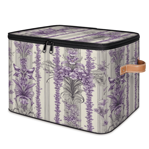 CURLYOOT Lavender Floral Storage Bins with Zipper Lid Fabric Storage Baskets Boxes Farmhouse Washable Foldable Clothes Organizer Container with Leather Handles for Shelves Closet