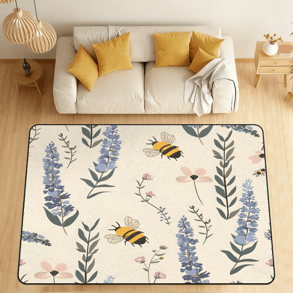 CURLYOOT Lavender Flower Area Rugs 5'x7' Washable Rug Large Living Room Rug Non Slip bee Floral Indoor Floor Carpet for Dining Room Bedroom Home