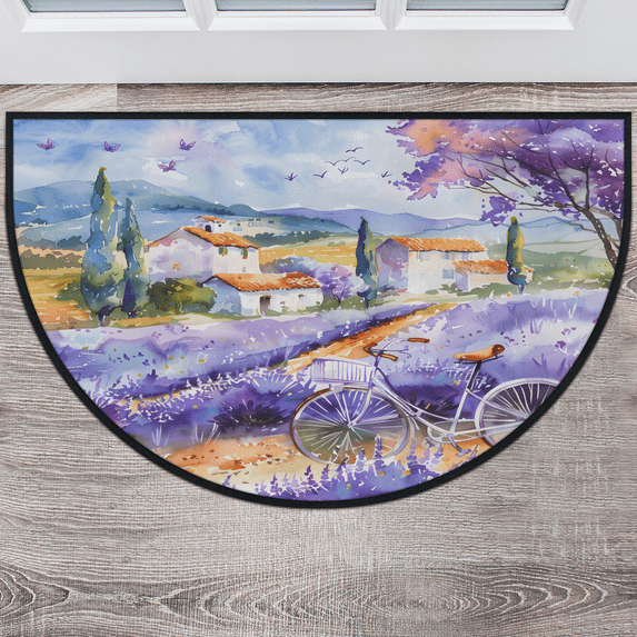 CURLYOOT Lavender Flower Half Round Door Mat 40'' x 63'', Indoor Outdoor Entrance Rug, Semi Circular Area Rug, Non Slip Washable Absorbent Doormat, Lavender Field Bike Laundry Room Rug