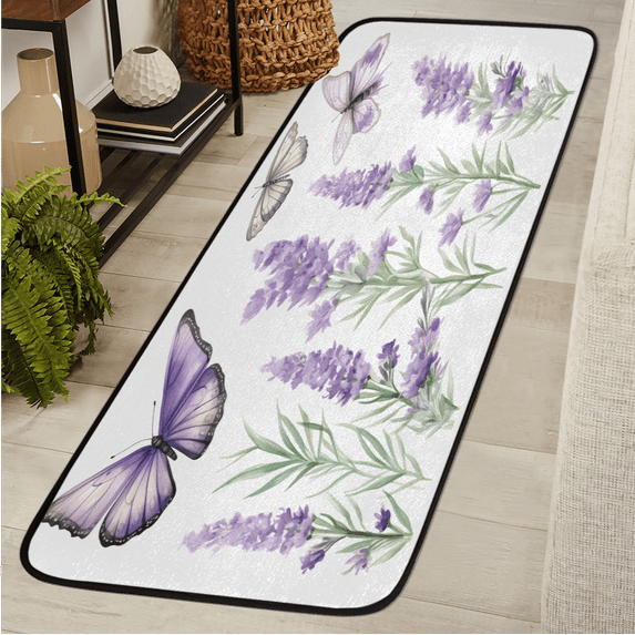 CURLYOOT Lavender Purple Floral Butterfly Runner Rug 2'x6' Washable Kitchen Runner Rug Indoor Non Slip Laundry Rugs Floor Carpet for Hallway Kitchen Entryway Bedroom Living Room