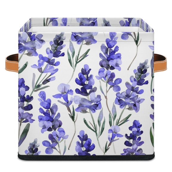 CURLYOOT Lavender Purple Summer 11 x 11 Inch Cube Storage Bin, Fabric Storage Cube Foldable Basket with Leather Handles, Organizer Basket for Closet Shelves