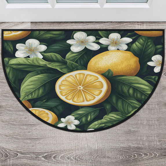 CURLYOOT Lemon Fruit Half Round Door Mat, Indoor Outdoor Entrance Rug, Green Leaves Semi Circular Area Rug, Non Slip Washable Absorbent Doormat, Laundry Room Rug 40'' x 63''