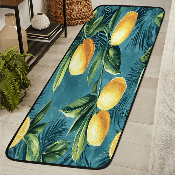 CURLYOOT Lemon Fruits Runner Rug 2'x6' Washable Kitchen Runner Rug Indoor Non Slip Laundry Rugs Tropical Leaves Floor Carpet for Hallway Kitchen Entryway Bedroom Living Room
