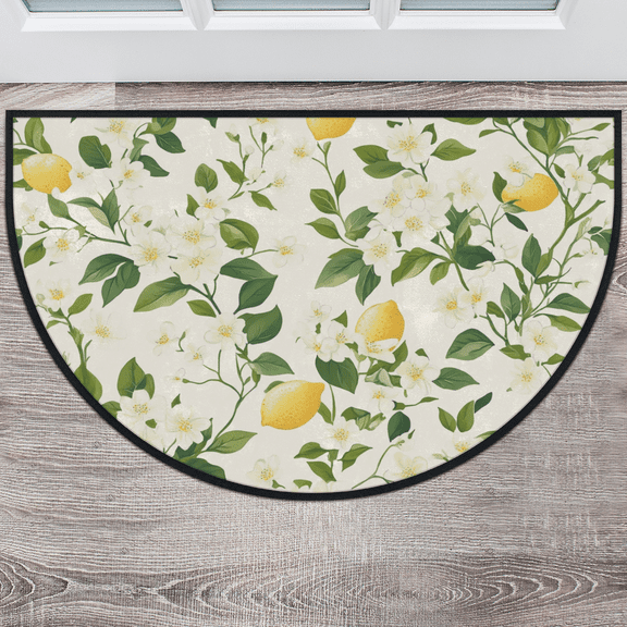CURLYOOT Lemon and Leaves Summer Half Round Door Mat 24'' x 36'', Indoor Outdoor Entrance Rug, Semi Circular Area Rug, Non Slip Washable Absorbent Doormat, Laundry Room Rug