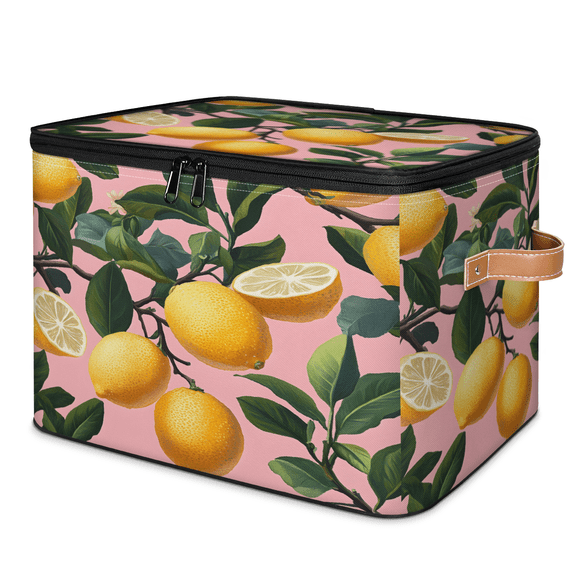 CURLYOOT Lemon Storage Bins with Zipper Lid Fabric Storage Baskets Boxes Tropical Fruits Washable Foldable Clothes Organizer Container with Leather Handles for Shelves Closet