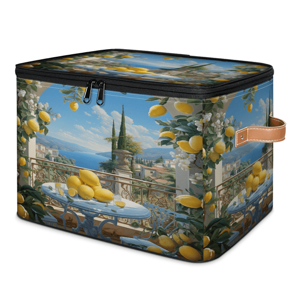 CURLYOOT Lemon Yellow Fruits Fabric Storage Bins with Lids, Foldable Storage Boxes Washable Storage Cube, Closet Bedroom Home Organizer Containers with PU Leather Handles