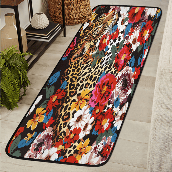 CURLYOOT Leopard Floral Runner Rug 2'x6' Washable Kitchen Runner Rug Indoor Non Slip Laundry Rugs Brown Cheetah Floor Carpet for Hallway Kitchen Entryway Bedroom Living Room
