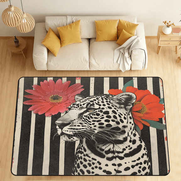 CURLYOOT Leopard Print Area Rugs for Living Room Bedroom, 4' 10" x 6' 8" Washable Rug, Leopard Cheetah Floor Carpet with Non Slip Backing for Dining Room Indoor