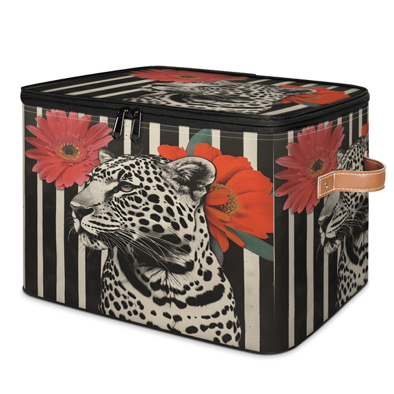CURLYOOT Leopard Print Fabric Storage Bins with Lids, Leopard Cheetah Foldable Storage Boxes Washable Storage Cube, Closet Bedroom Home Organizer Containers with PU Leather Handles