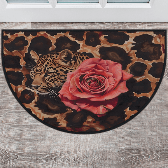 CURLYOOT Leopard Print Rose Half Round Door Mat, Indoor Outdoor Entrance Rug, Semi Circular Area Rug, Non Slip Washable Absorbent Doormat, Laundry Room Rug 40'' x 63''