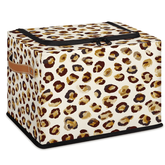 CURLYOOT Leopard Print Storage Bin with Zipper Lid, Foldable Clothes Organizer Wild Animal Cheetah Lidded Storage Baskets, Rectangular Box Closet Shelf Organizer for Living Room Bedroom Home