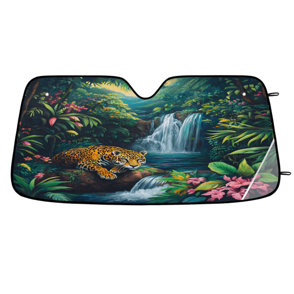 CURLYOOT Leopard Tropical Jungle Rainforest Car Windshield Sun Shade, Foldable Front Window Sunshade Blocks UV Rays, Window Shades for Car SUV Truck, 55 x 27.5 Inch