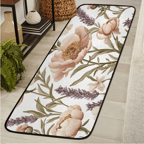 CURLYOOT Light Purple Floral Flower Runner Rug 2'x6' Washable Kitchen Runner Rug Indoor Non Slip Laundry Rugs Floor Carpet for Hallway Kitchen Entryway Bedroom Living Room