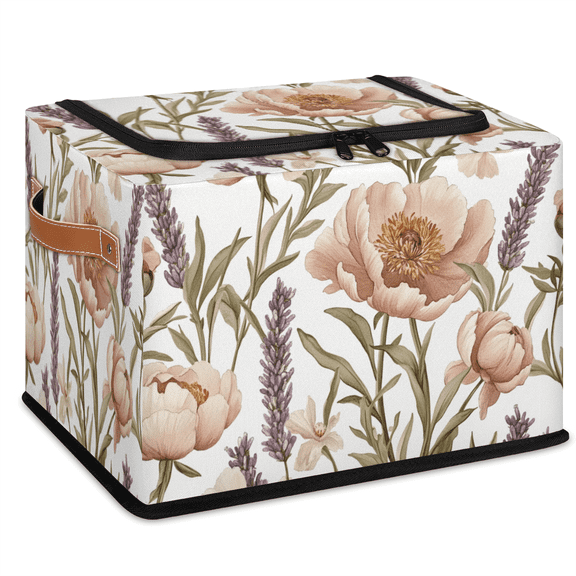 CURLYOOT Light Purple Floral Flower Storage Bin With Zipper Lid, Foldable Clothes Organizer Lidded Storage Baskets, Rectangular Box Closet Shelf Organizer for Bedroom Living Room