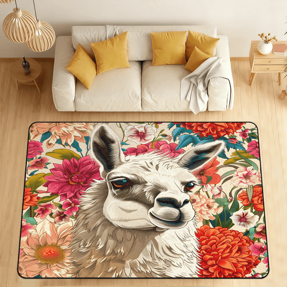 CURLYOOT Llama Alpaca Area Rugs 5'x7' Washable Rug Large Living Room Rug Non Slip Flower Llama Indoor Floor Carpet for Dining Room Bedroom Home