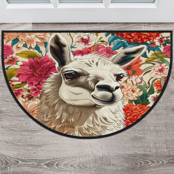 CURLYOOT Llama Alpaca Half Round Door Mat 40'' x 63'', Indoor Outdoor Entrance Rug, Semi Circular Area Rug, Non Slip Washable Absorbent Doormat, Flower Llama Laundry Room Rug
