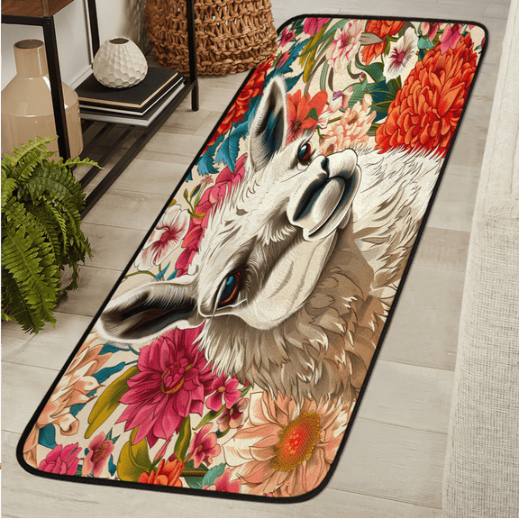 CURLYOOT Llama Alpaca Runner Rug 2'x6' Washable Kitchen Runner Rug Indoor Non Slip Laundry Rugs Flower Llama Floor Carpet for Hallway Kitchen Entryway Bedroom Living Room