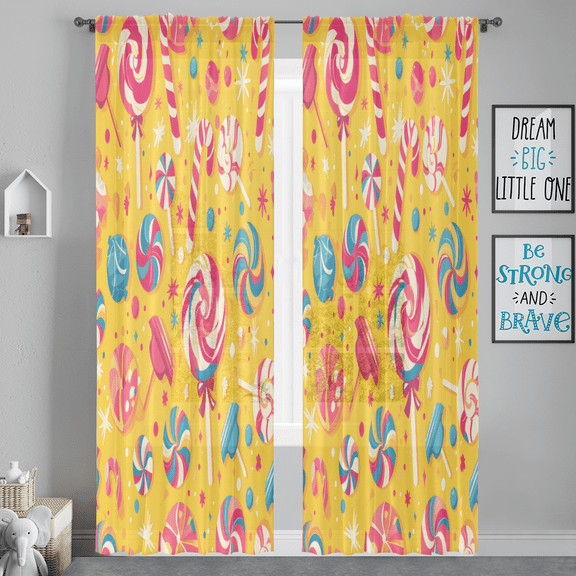 CURLYOOT Lollipop Sweets Colorful Candy Sheer Curtains 84 Inches Long, 2 Panels Set, Rod Pocket Semi Sheer Light Filtering Window Drapes for Bedroom, Living Room, 52 x 84 Inch