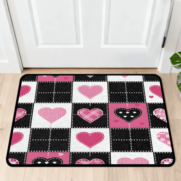 CURLYOOT Love Heart Indoor Doormat, Non-Slip Absorbent Door Mat 24" x 16", Checkerboard Entrance Floor Mat Washable Entry Doormats for Entryway Front Back Door