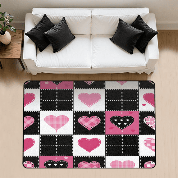 CURLYOOT Love Heart Rug for Living Room Bedroom, 4x6 Ft Washable Area Rug, Non Slip Rugs for Entryway, Checkerboard Large Carpet for Indoor Dining Room