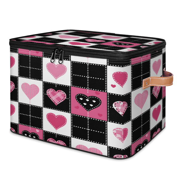 CURLYOOT Love Heart Storage Bins with Zipper Lid Fabric Storage Baskets Boxes Checkerboard Washable Foldable Clothes Organizer Container with Leather Handles for Shelves Closet