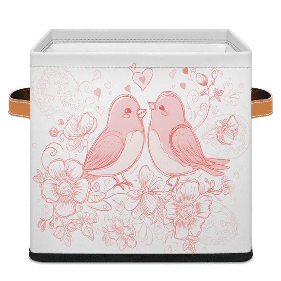 CURLYOOT Love Pink Birds 11 x 11 Inch Cube Storage Bin, Decorative Storage Cube Foldable Basket with Leather Handle, Fabric Bin for Closet Shelves Home Organizer