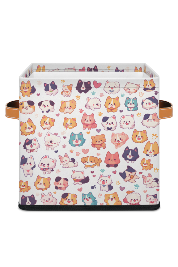 Lovely Coloful Puppy Cats Cube Storage Bin, 11 Inch Storage Cube Fabric Bin for Shelves, Foldable Clothes Organizer Baskets with Leather Handle for Closet Home