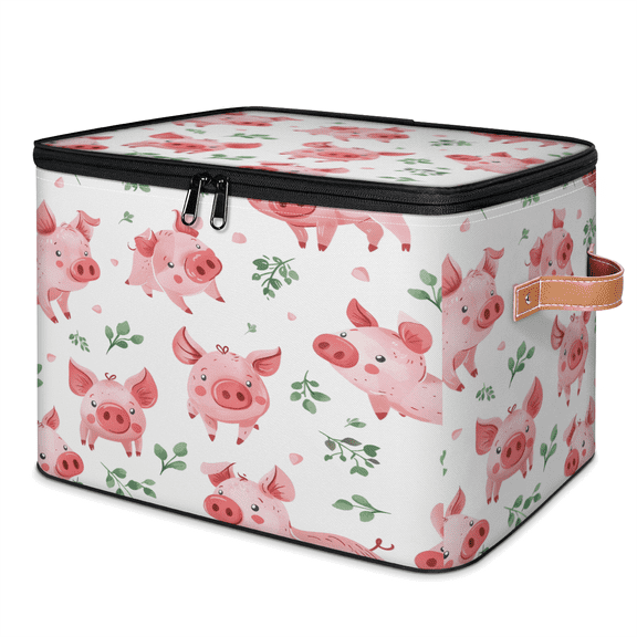 CURLYOOT Lovely Pig Fabric Storage Bins with Lids, Foldable Storage Boxes Washable Storage Cube, Closet Bedroom Home Organizer Containers with PU Leather Handles