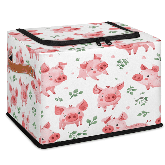 CURLYOOT Lovely Pig Storage Bin With Zipper Lid, Foldable Clothes Organizer Lidded Storage Baskets, Rectangular Box Closet Shelf Organizer for Bedroom Living Room