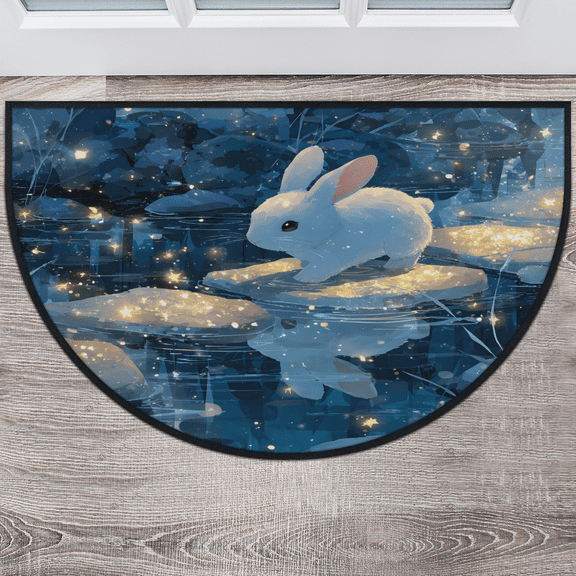 CURLYOOT Lovely Rabbit River at Night Half Round Door Mat 24'' x 36'', Indoor Outdoor Entrance Rug, Semi Circular Area Rug, Non Slip Washable Absorbent Doormat, Laundry Room Rug