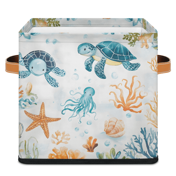 CURLYOOT Lovely Sea Animal and Plant 11 x 11 Inch Cube Storage Bin, Fabric Storage Cube Foldable Basket with Leather Handles, Organizer Basket for Closet Shelves