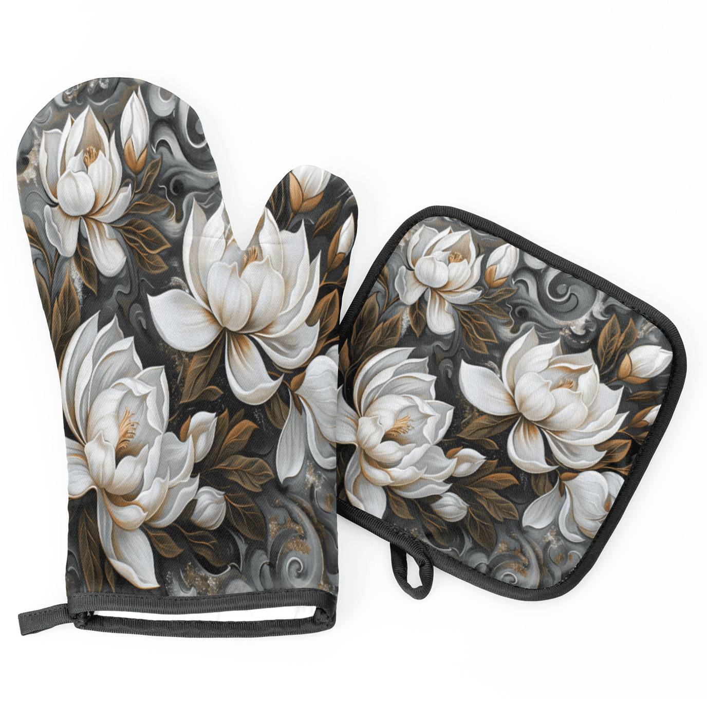 CURLYOOT Magnolia Flowers Print Oven Mitts and Pot Holders Sets of 2, Non-Slip Washable Hot Pads and Oven Gloves for Kitchen Cooking Baking