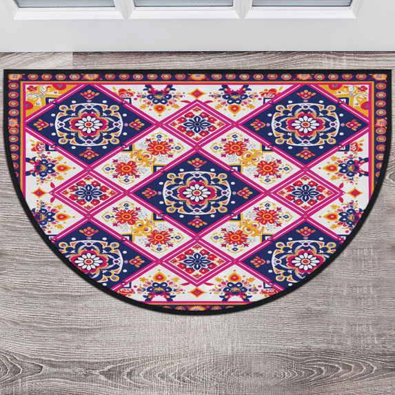 CURLYOOT Mandala Half Round Door Mat, Indoor Outdoor Entrance Rug, Colorful Floral Semi Circular Area Rug, Non Slip Washable Absorbent Doormat, Laundry Room Rug 24'' x 36''