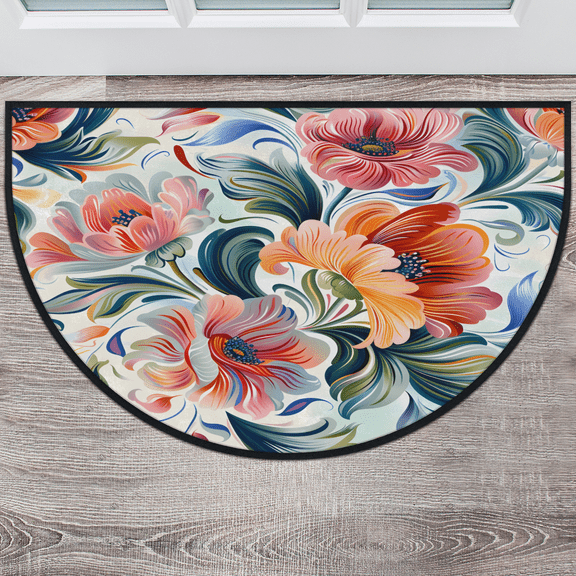 CURLYOOT Retro Flowers Half Round Door Mat, Indoor Outdoor Entrance Rug, Watercolor Semi Circular Area Rug, Non Slip Washable Absorbent Doormat, Laundry Room Rug 24'' x 36''