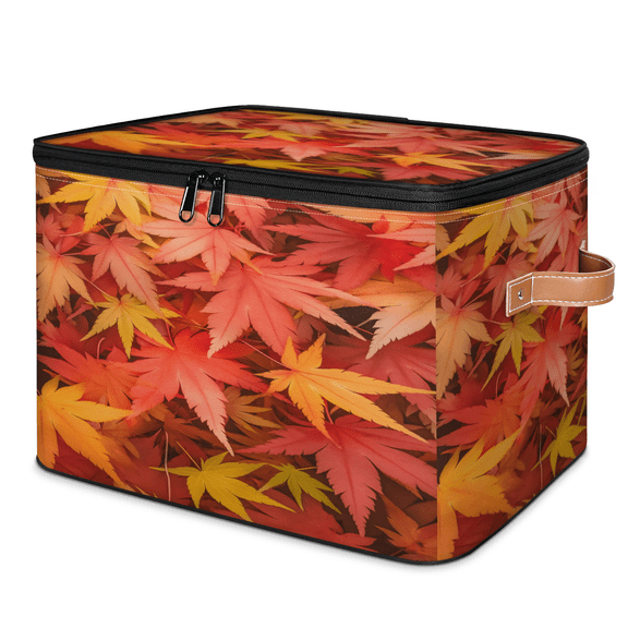 CURLYOOT Maple Leaves Storage Bins with Zipper Lid Fabric Storage Baskets Boxes Autumn Washable Foldable Clothes Organizer Container with Leather Handles for Shelves Closet