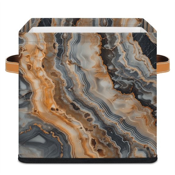 CURLYOOT Marble Cube Storage Bin 11 Inch Fabric Storage Cube for Shelves Decorative Abstract Marble Foldable Basket with Leather Handle for Closet Shelves Organizer