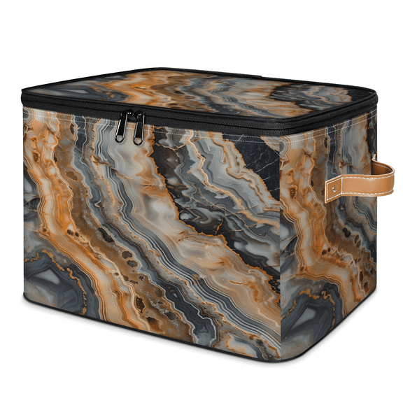 CURLYOOT Marble Fabric Storage Bins with Lids, Abstract Marble Foldable Storage Boxes Washable Storage Cube, Closet Bedroom Home Organizer Containers with PU Leather Handles