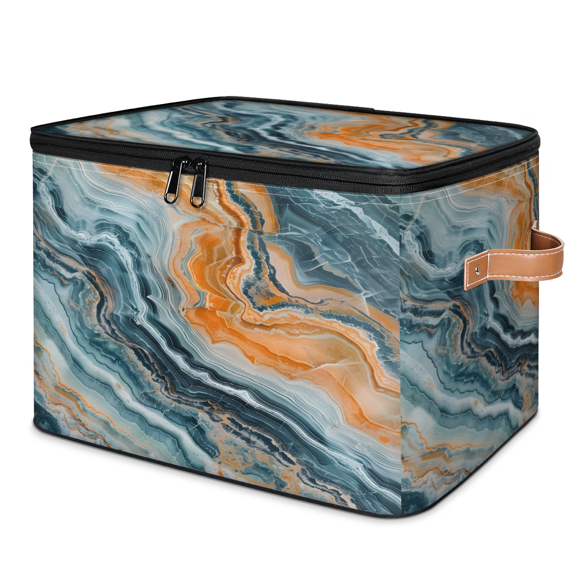 CURLYOOT Marble Fabric Storage Bins with Lids, Marble Abstract Foldable Storage Boxes Washable Storage Cube, Closet Bedroom Home Organizer Containers with PU Leather Handles