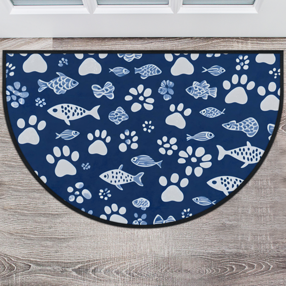 CURLYOOT Fish Dog Paw Half Round Door Mat, Indoor Outdoor Entrance Rug, Vintage Semi Circular Area Rug, Non Slip Washable Absorbent Doormat, Laundry Room Rug 40'' x 63''