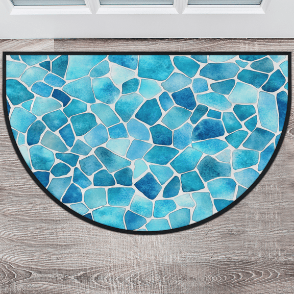 CURLYOOT Abstract Half Round Door Mat, Indoor Outdoor Entrance Rug, Teal Blue Marble Semi Circular Area Rug, Non Slip Washable Absorbent Doormat, Laundry Room Rug 24'' x 36''