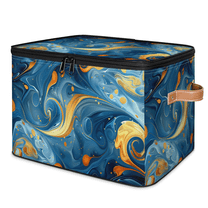 CURLYOOT Marble Storage Bins with Zipper Lid Fabric Storage Baskets Boxes Blue Gold Washable Foldable Clothes Organizer Container with Leather Handles for Shelves Closet