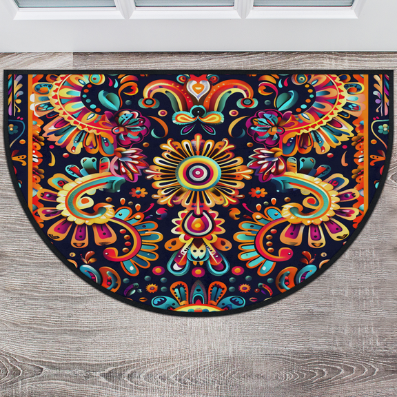 CURLYOOT Mexica Flower Floral Half Round Door Mat, Indoor Outdoor Entrance Rug, Semi Circular Area Rug, Non Slip Washable Absorbent Doormat, Laundry Room Rug 24'' x 36''