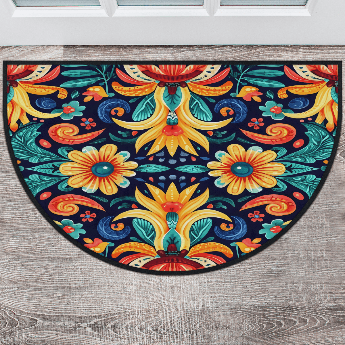 Butterfly Moon Flower Half Round Door Mat - Non-Slip Absorbent Entrance Rug, 36x24 Inches, Washable Low Profile